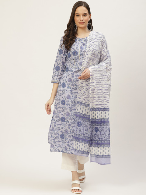 

Maaesa Women Blue Pure Cotton Floral Print Gotta Patti Kurta with Trousers & Dupatta