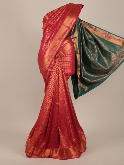 

Pothys Pink & Gold-Toned Woven Design Beads and Stones Pure Silk Saree
