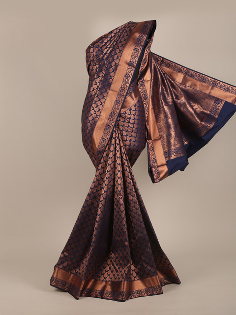 

Pothys Navy Blue & Gold-Toned Woven Design Beads and Stones Pure Silk Saree