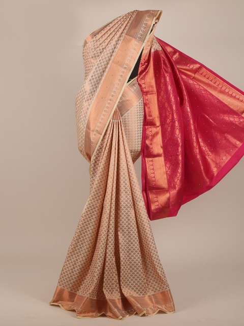 

Pothys Cream-Coloured & Pink Ethnic Motifs Beads and Stones Pure Silk Saree