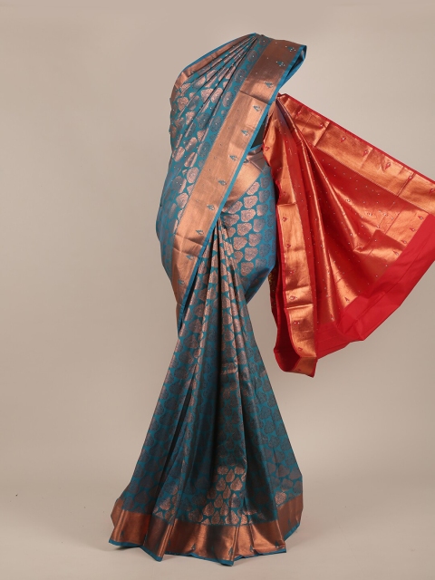 

Pothys Blue & Gold-Toned Floral Zari Pure Silk Saree