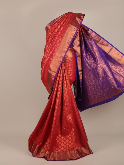 

Pothys Red & Gold-Toned Woven Design Beads and Stones Pure Silk Saree