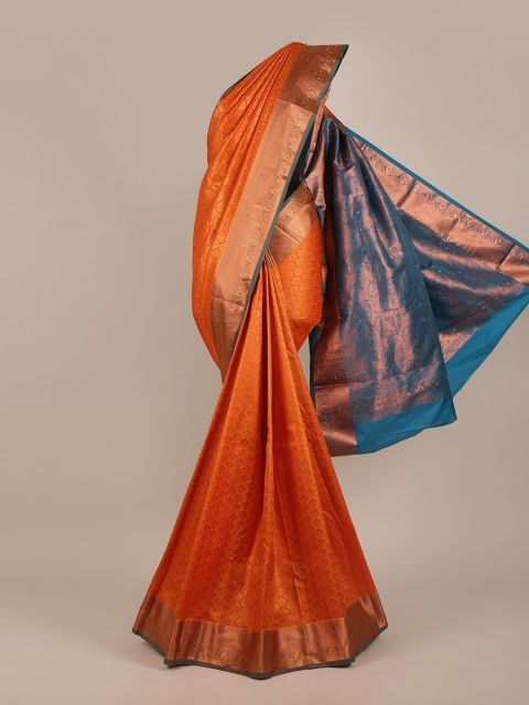 

Pothys Orange & Gold-Toned Woven Design Beads and Stones Pure Silk Saree