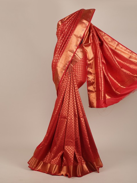 

Pothys Maroon & Gold-Toned Woven Design Beads and Stones Pure Silk Saree