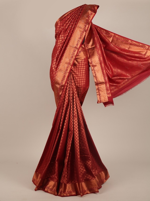 

Pothys Maroon & Gold-Toned Woven Design Beads and Stones Pure Silk Saree