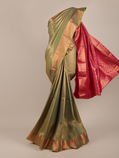 

Pothys Green & Gold-Toned Woven Design Beads and Stones Pure Silk Saree