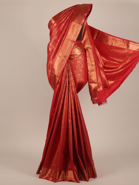 

Pothys Red & Gold-Toned Woven Design Beads and Stones Pure Silk Saree