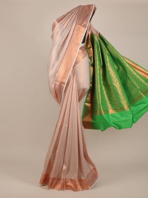 

Pothys Cream-Coloured & Green Woven Design Beads and Stones Pure Silk Saree