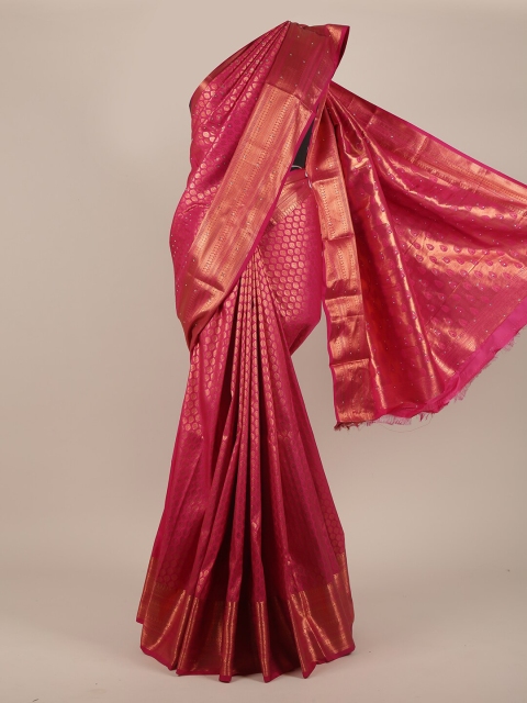 

Pothys Pink & Gold-Toned Woven Design Beads and Stones Pure Silk Saree