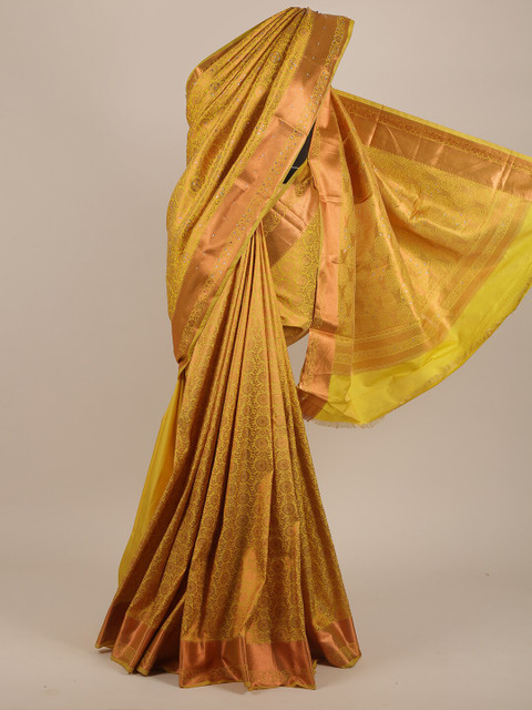 

Pothys Yellow & Gold-Toned Woven Design Beads and Stones Pure Silk Saree