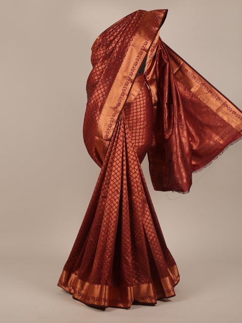 

Pothys Maroon & Copper-Toned Woven Design Sequinned Pure Silk Saree