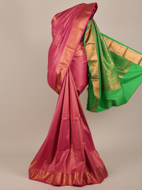 

Pothys Women Pink & Green Pure Silk Woven designed & Embellished Saree