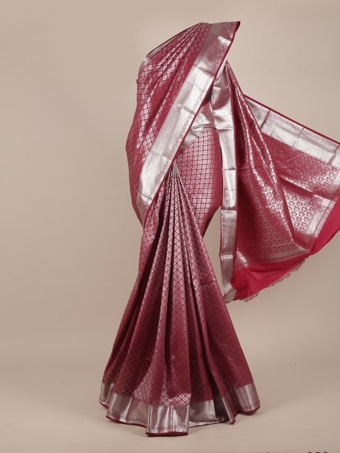 

Pothys Maroon & Silver-Toned Woven Design Sequinned Pure Silk Saree