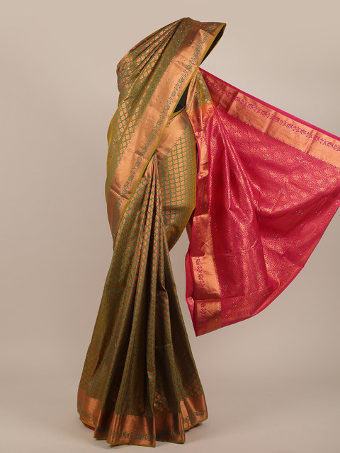

Pothys Green & Pink Ethnic Motifs Zari Pure Silk Saree