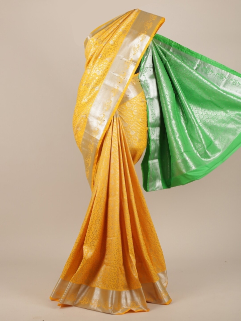 

Pothys Yellow & Green Ethnic Motifs Beads and Stones Pure Silk Saree