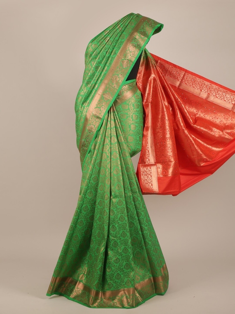 

Pothys Green & Gold-Toned Floral Beads & Stones Pure Silk Saree