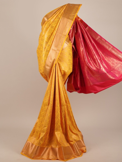 

Pothys Yellow & Red Floral Woven Design Beads and Stones Pure Silk Saree