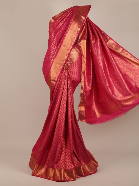 

Pothys Pink & Gold-Toned Ethnic Motifs Beads and Stones Pure Silk Saree