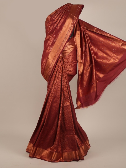 

Pothys Maroon & Gold-Toned Ethnic Motifs Beads and Stones Pure Silk Saree