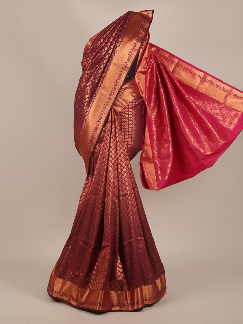 

Pothys Magenta & Gold-Toned Woven Design Sequinned Pure Silk Saree