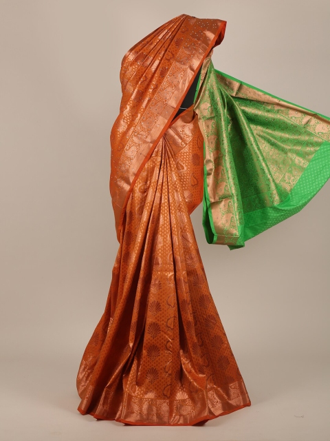 

Pothys Rust & Green Ethnic Motifs Beads and Stones Pure Silk Saree