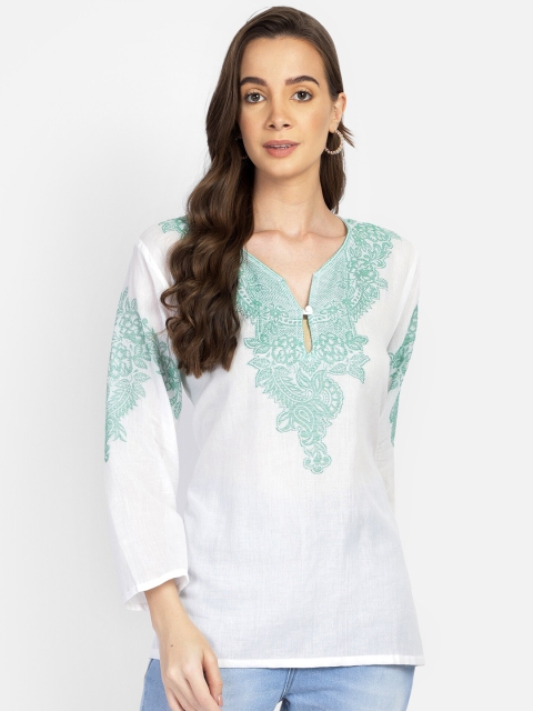 

Aditi Wasan White & Turquoise Blue Embroidered Semi-Sheer Tunic
