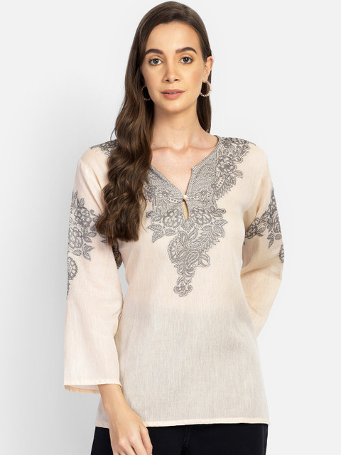 

Aditi Wasan Women Beige & Grey Semi-Sheer Embroidered Tunic