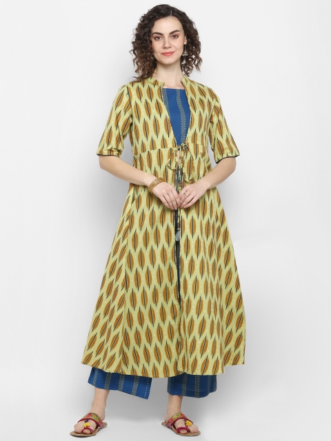 

Janasya Women Green & Blue Pure Cotton Crop Top With Palazzo & Jacket