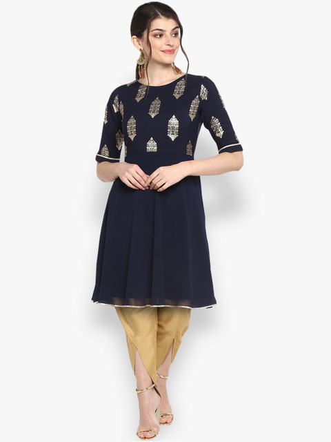 

Janasya Women Navy Blue & Beige Ethnic Motifs Printed Regular Kurta with Dhoti Pants