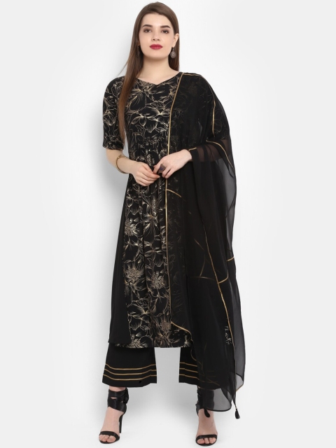 

Janasya Women Black Floral Printed Kurta with Palazzo & Dupatta