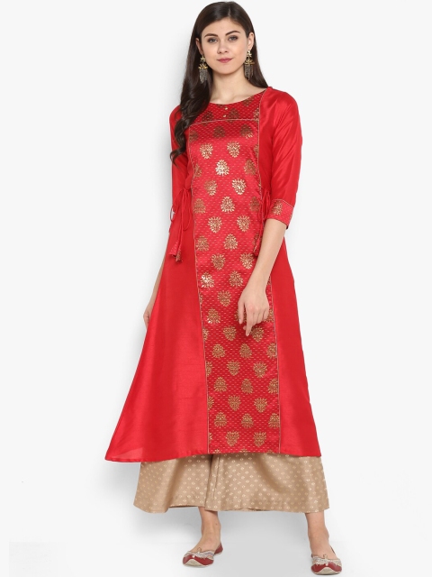 

Janasya Women Red Printed Regular Kurta with Palazzos