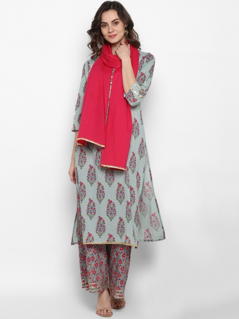 

Janasya Women Green Floral Regular Pure Cotton Kurta with Trousers & With Dupatta