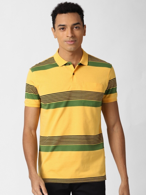 

Peter England Casuals Men Yellow & Black Striped Polo Collar Pockets Slim Fit T-shirt
