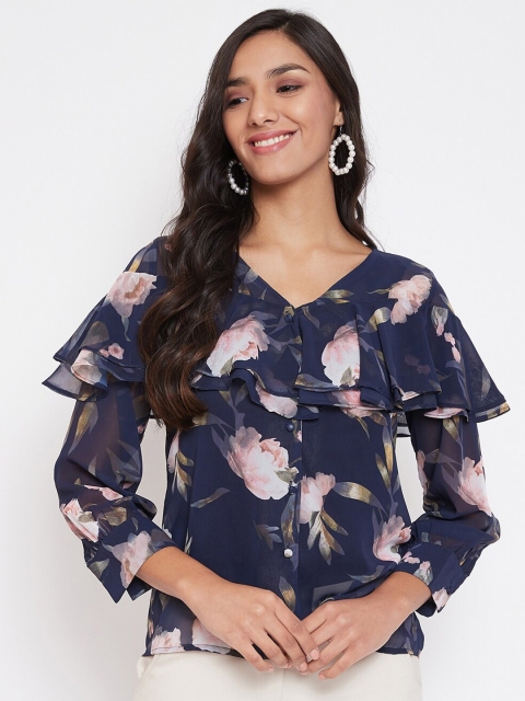 

Madame Navy Blue & White Floral Ruffled Regular Top