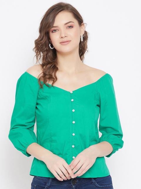 

Madame Women Green Off-Shoulder Smocked Regular Top