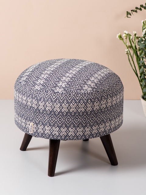 

nestroots Blue & Off-White Round Shape Wooden Sitting Storage Ottoman Organiser