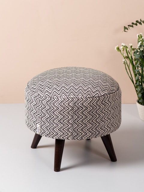 

nestroots Off-White & Black Round Shape Wooden Sitting Storage Ottoman Organiser