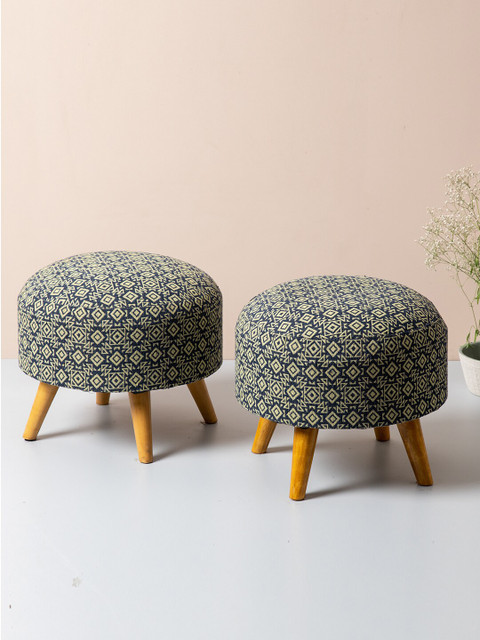 

nestroots Beige & Blue Set of 2 Round Shape Wooden Sitting Storage Ottoman Organisers