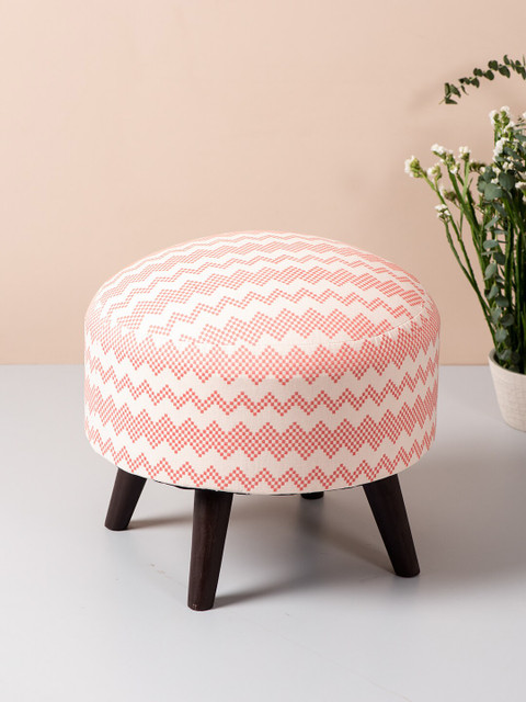 

nestroots Pink & White Round Shape Wooden Sitting Storage Ottoman Organiser