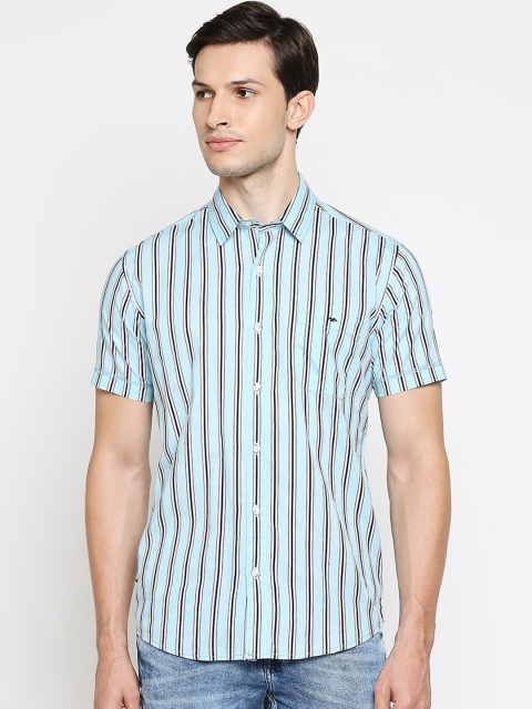 

Mufti Men Turquoise Blue & Black Slim Fit Opaque Striped Pure Cotton Casual Shirt