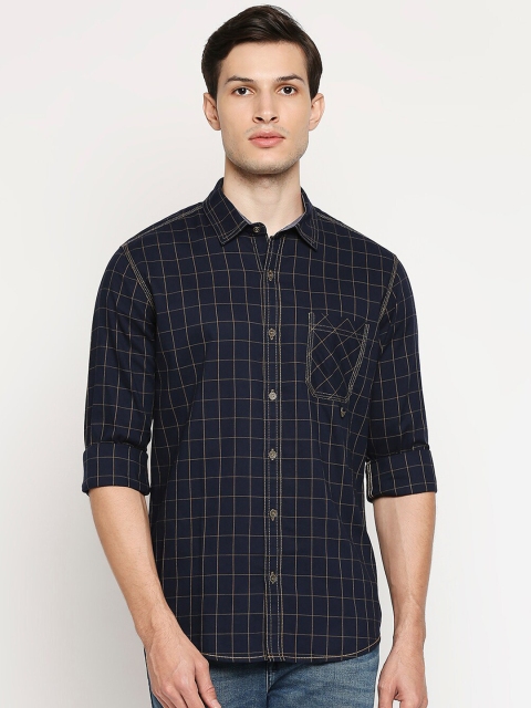 

Mufti Men Navy Blue Pure Cotton Slim Fit Checked Casual Shirt