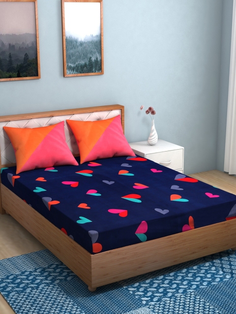 

Niamh by Tag 7 Navy Blue & Pink Heart 144 TC Cotton King Bedsheet with 2 Pillow Covers