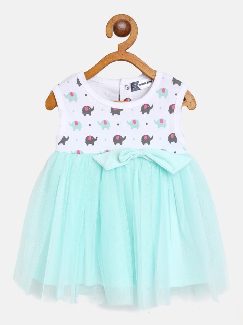 

Moms Love Infant Girls White & Sea Green Elephant Pure Cotton Net Fit and Flare Dress