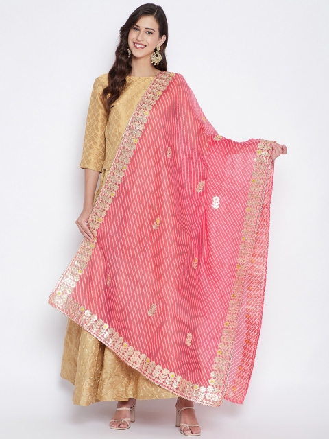 

Clora Creation Women Peach & Gold-Toned Embroidered Leheriya Dupatta With Gotta Patti