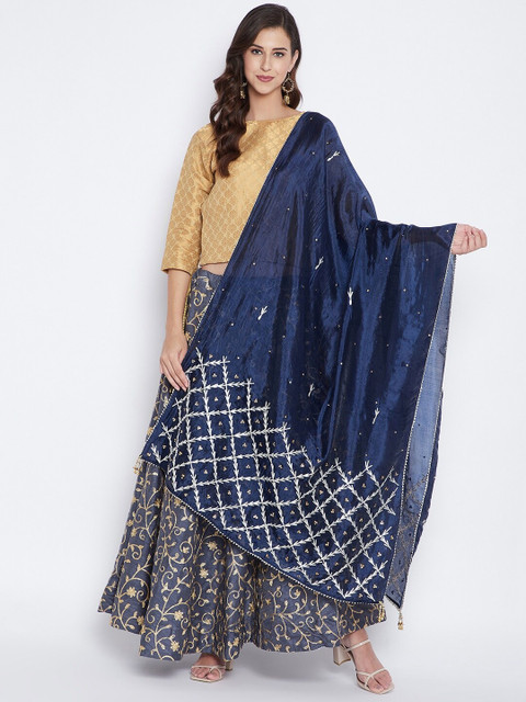 

Clora Creation Navy Blue & Silver-Toned Embroidered Dupatta