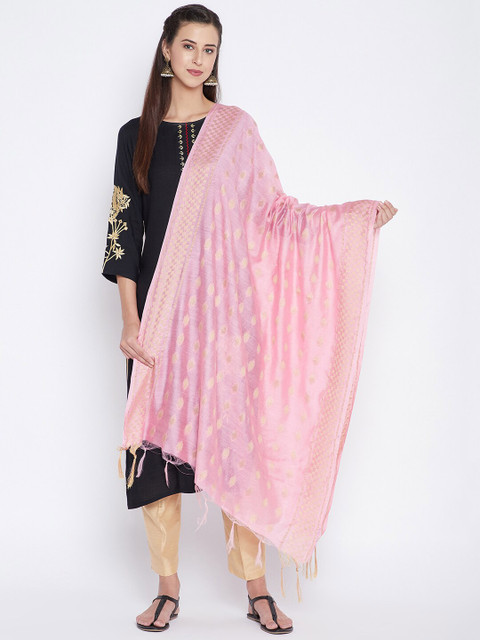 

Clora Creation Pink & Gold-Toned Woven Design Pure Cotton Dupatta