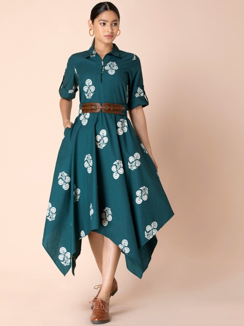 

Earthen BY INDYA Teal Boota High Low Dress with Belt, Blue