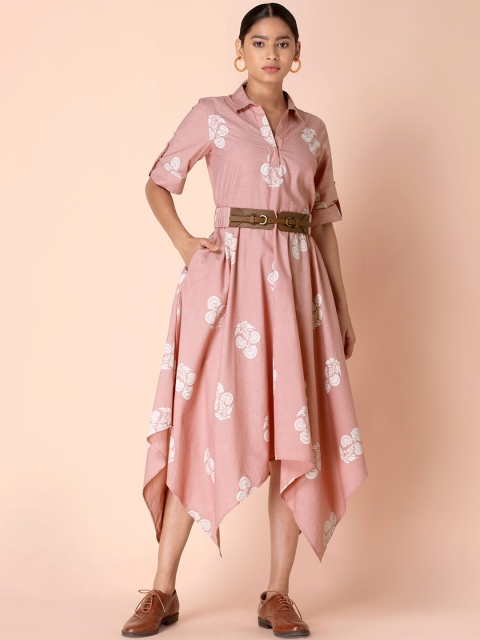 

Earthen BY INDYA Blush Boota High Low Dress with Belt, Pink