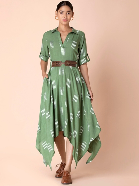 

Earthen BY INDYA Sage Printed High Low Dress with Belt, Green