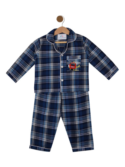 

Knitting Doodles Unisex Kids Blue & White Checked Printed Night suit
